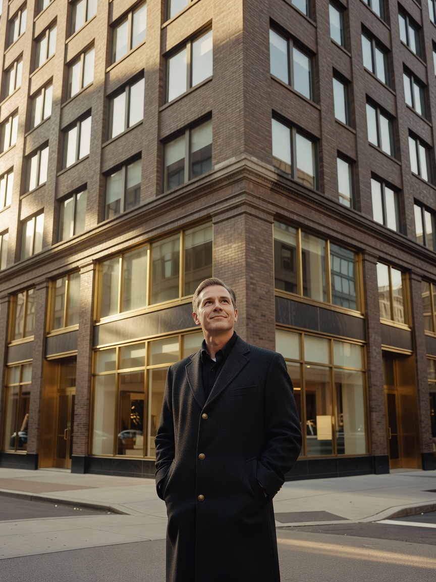 An owner and sponsor before an income-producing commercial building at dusk.